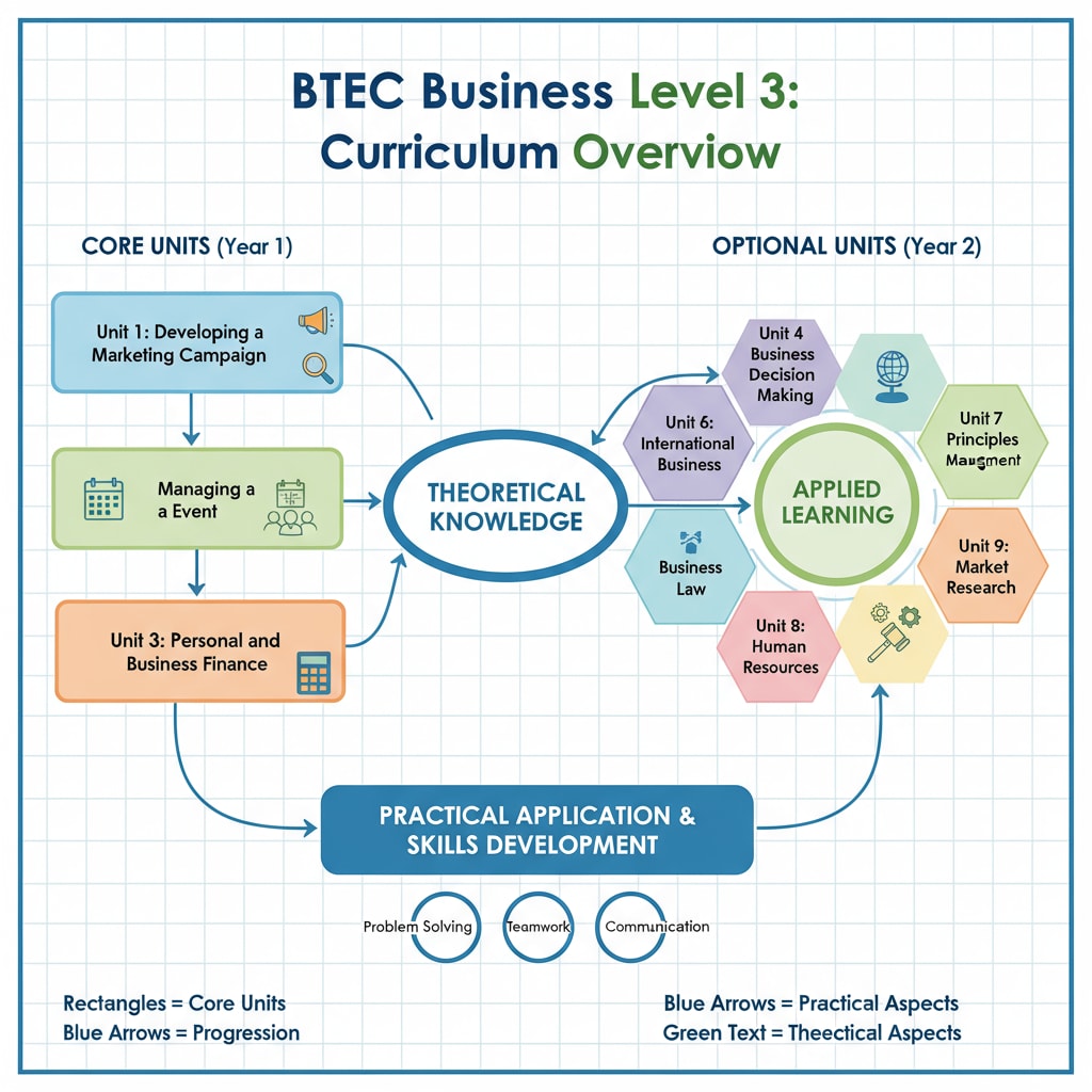 This illustration depicts the various components and modules within the BTEC Business Level 3 curriculum, highlighting the practical and theoretical aspects of business education. Illustration of BTEC Business Level 3 curriculum structure for Japanese university applicants with BTEC qualifications