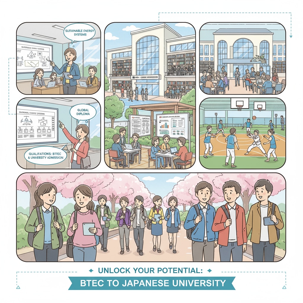 A campus scene showing students interacting, attending classes, and using facilities, representing the vibrant environment of a Japanese university where students with BTEC qualifications may aim to study. Photo of a Japanese university campus relevant to students applying with BTEC Business qualifications for study in Japan
