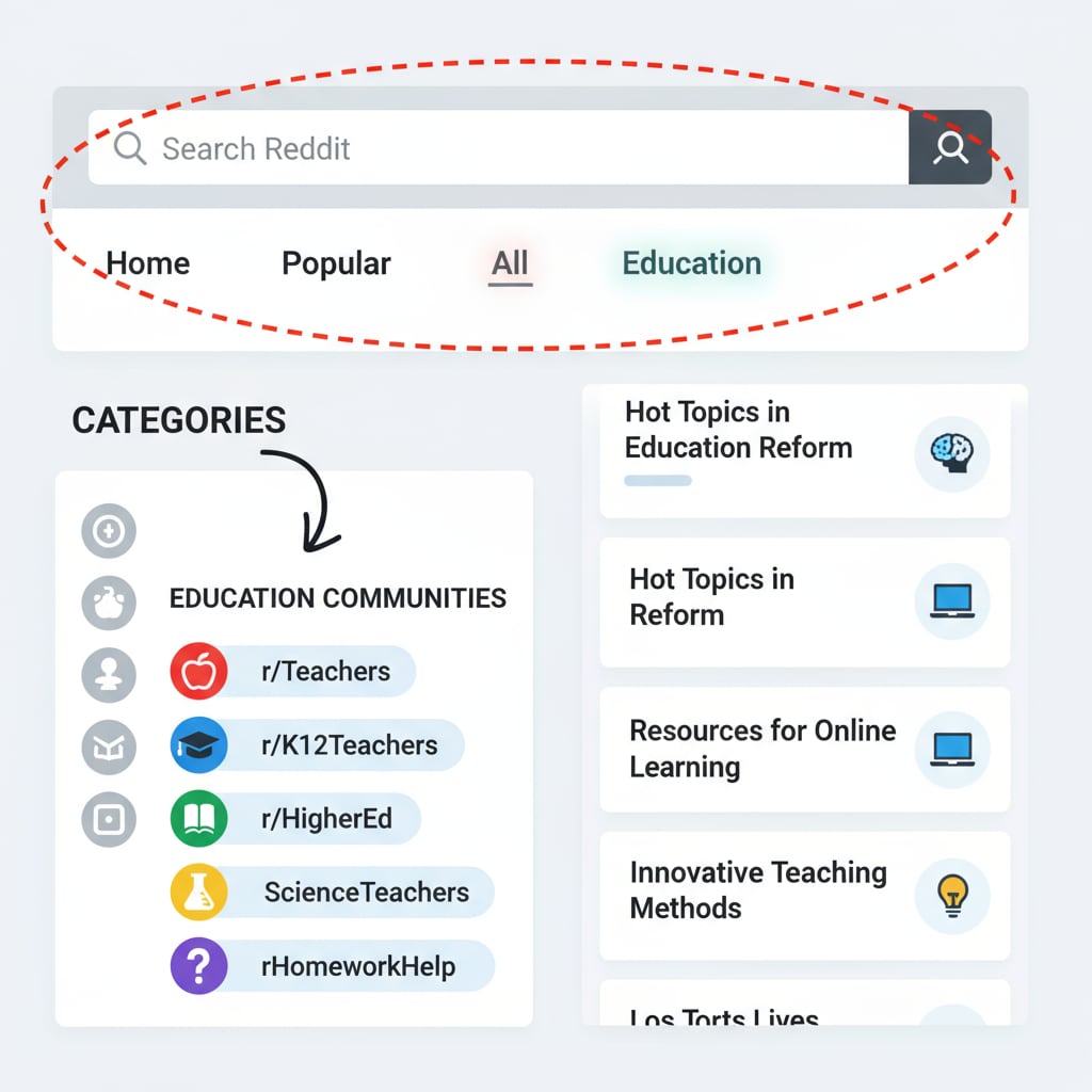 A screenshot of the Reddit homepage highlighting the search bar and various subreddit categories related to education, showing different education - themed subreddits like /r/Teachers, /r/K12Teachers. Screenshot of Reddit homepage with education - related subreddit categories for educational community rules, Reddit education network, and subreddit navigation