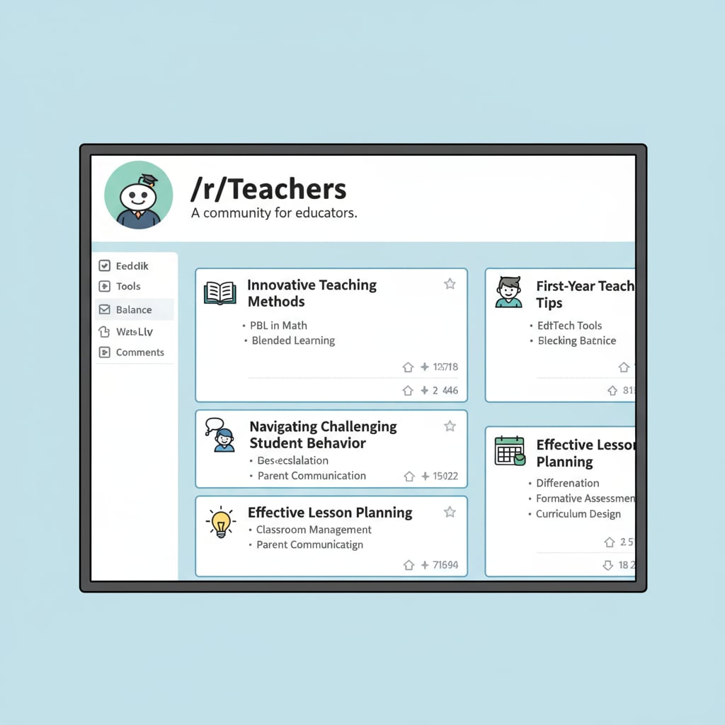 A visual representation of the /r/Teachers subreddit page with various posts and discussions, including topics like teaching methods, student behavior, and lesson planning. Visual of /r/Teachers subreddit page for educational community rules, Reddit education network, and subreddit navigation