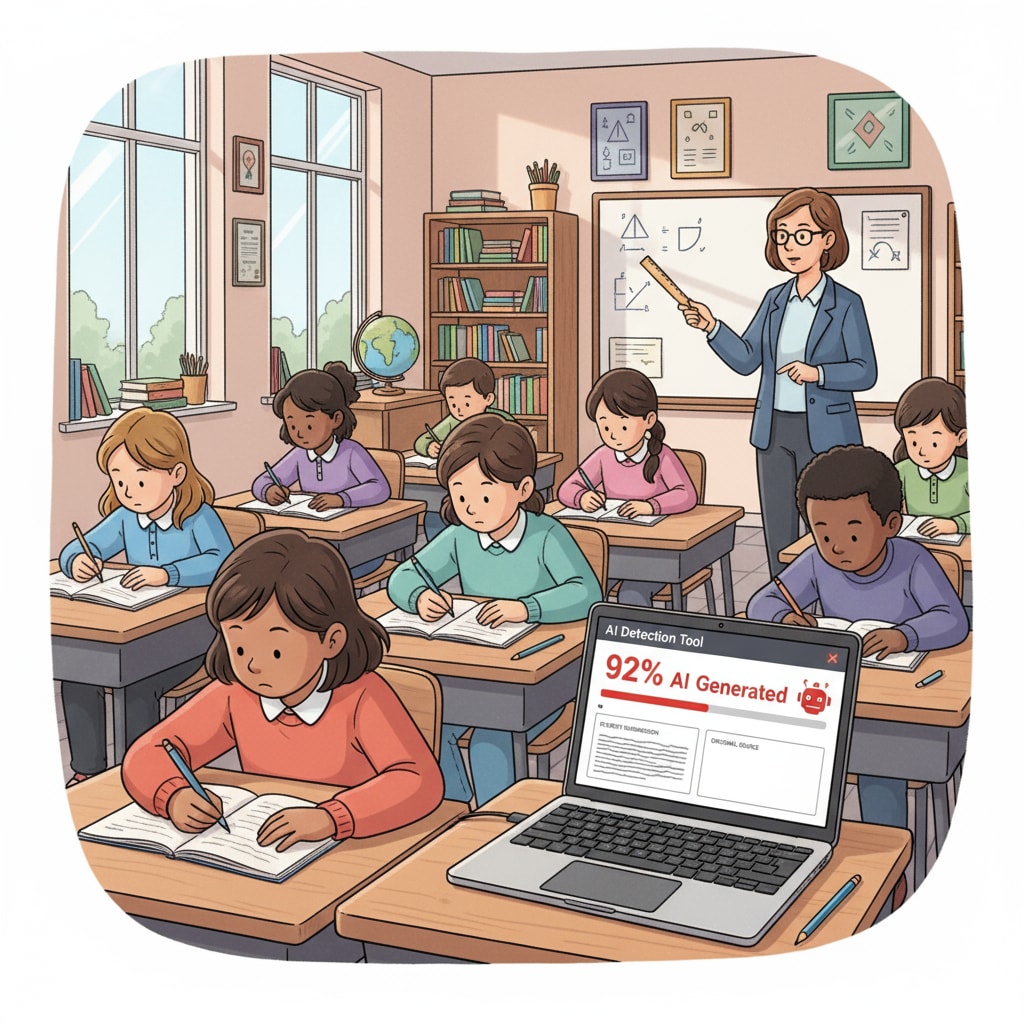 A classroom scene where students are writing, with a laptop showing an AI detection tool interface A classroom setting with students writing, and an AI detection tool on a laptop, related to creative writing and AI detection in high school