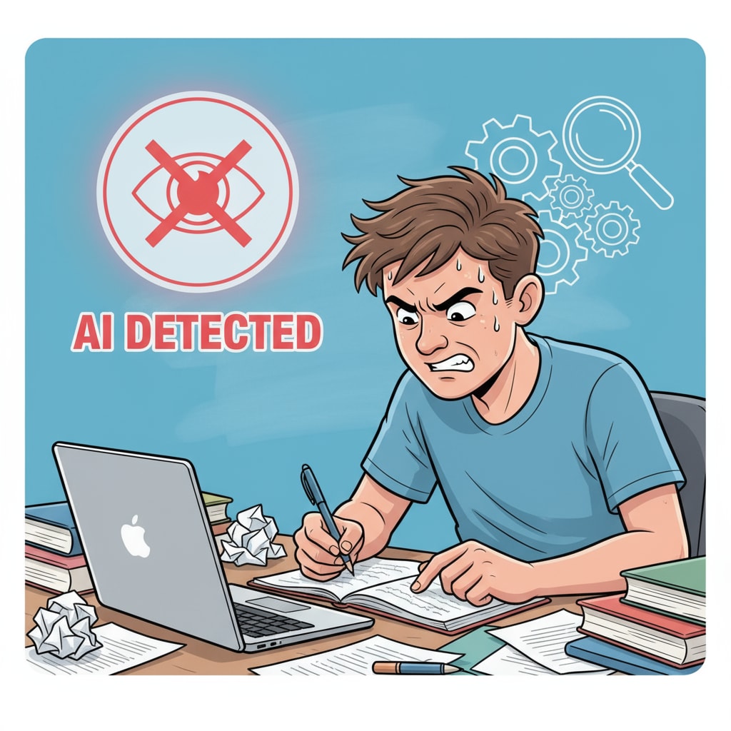 A student looking frustrated while writing, with an AI detection tool icon in the background A frustrated student writing, with an AI detection tool icon, highlighting the impact on student creativity