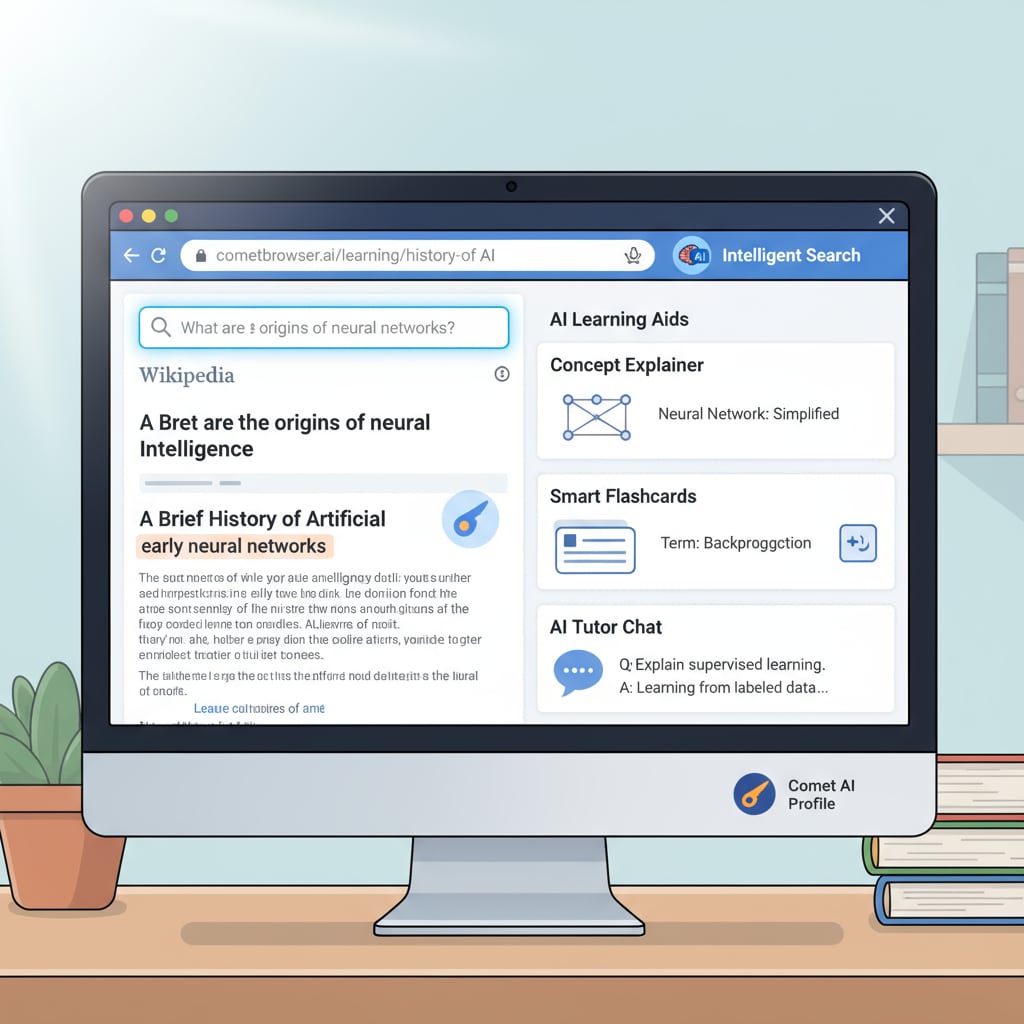 The interface of Comet Browser showing various AI features such as intelligent search and learning aids. Comet Browser interface with AI features for K12 education