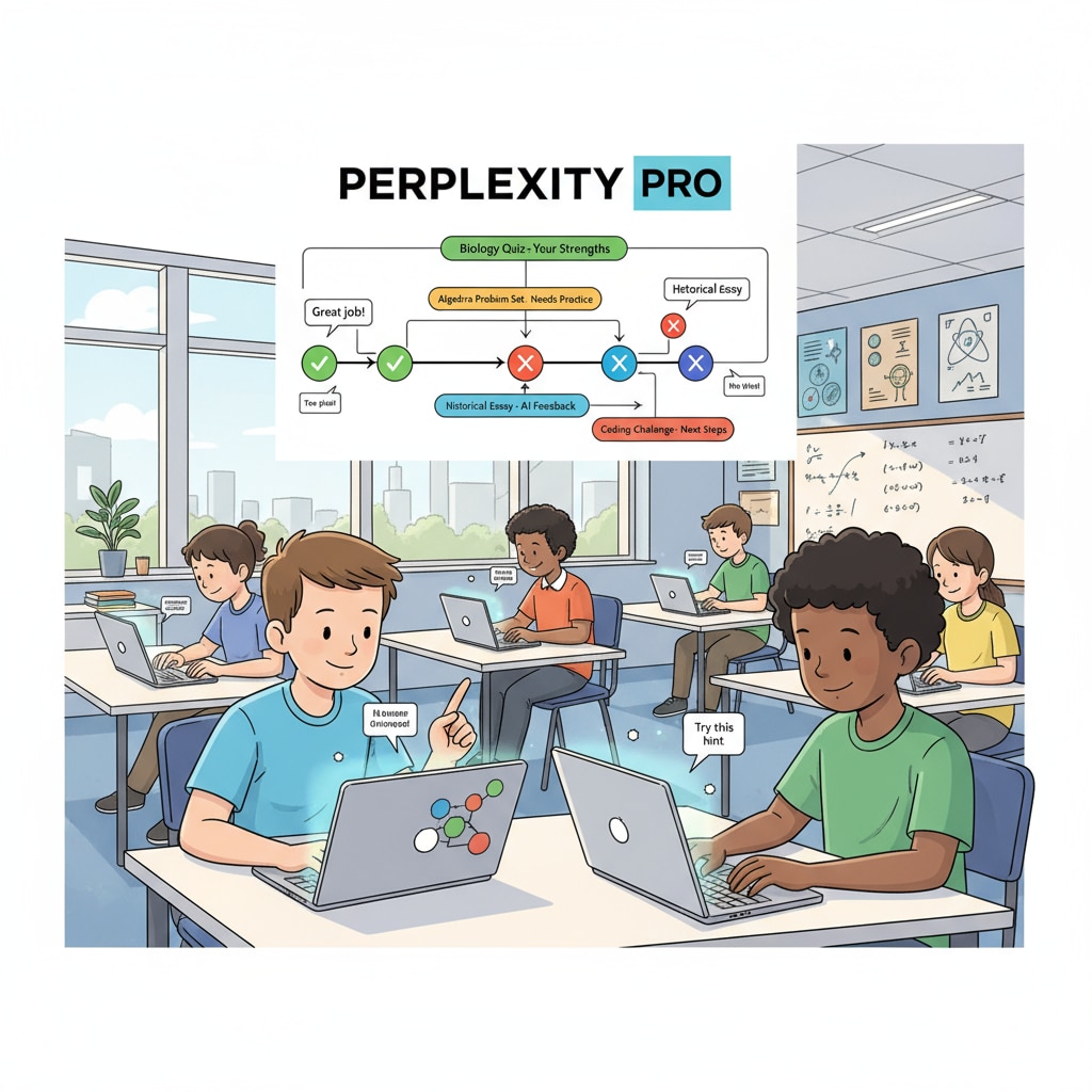Students are depicted using Perplexity Pro on their devices, with screens showing personalized learning content and feedback. Students using Perplexity Pro for personalized learning in K12 education