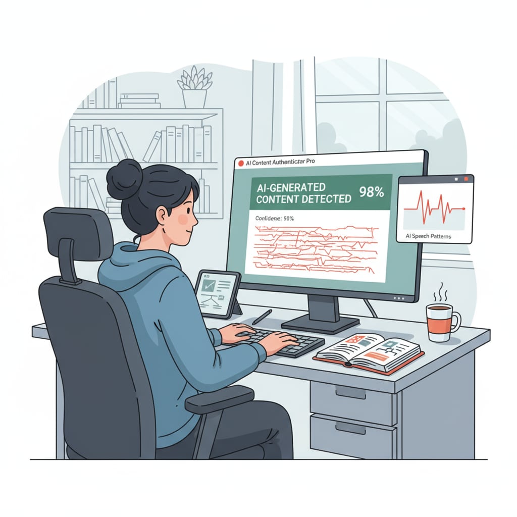 A student is engaged in an activity related to AI - related tasks at a desk, with a computer screen showing an AI detector software and the student typing on a keyboard. A student using a keyboard while an AI detector software is open on the computer screen, related to AI detectors, manual input, and AI rewriting tools