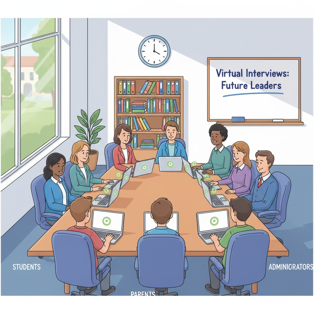 A group of people, including students, teachers, parents, and administrators, are sitting in front of their laptops, with their cameras on, looking ready to start virtual interviews. The room has a calm and professional atmosphere. A group participating in virtual interviews for NYC DOE's city education research