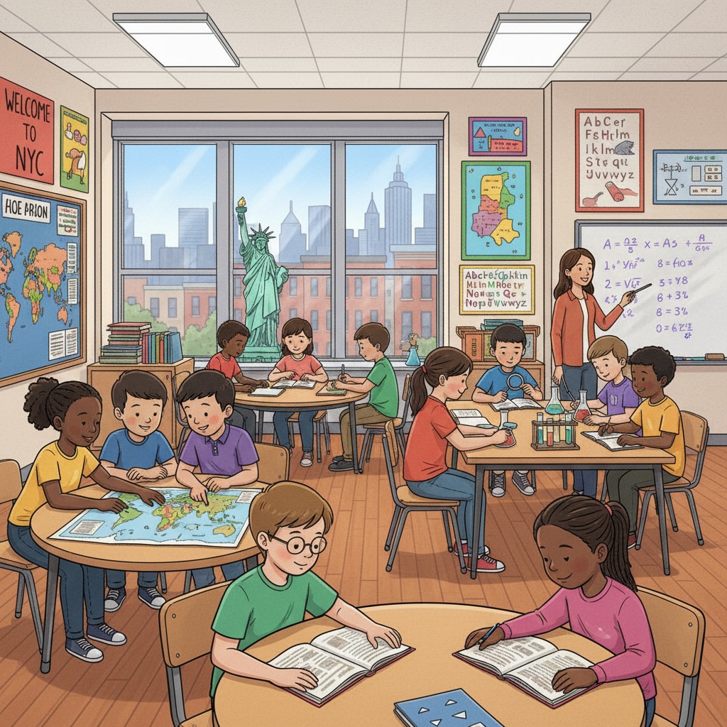 A classroom in New York City filled with students of different ethnicities. There are colorful posters on the walls, and the students are engaged in various activities. A diverse classroom in New York City related to city education research