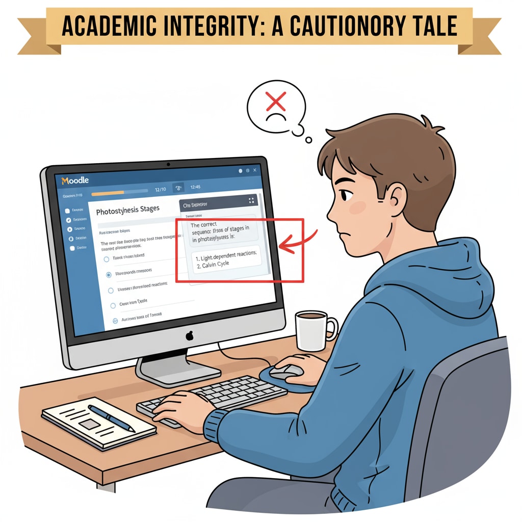 An illustration showing a student sitting at a computer, taking an online quiz on Moodle while having ChatGPT open on another window, highlighting the improper use of the tool during assessment. A student using ChatGPT during a Moodle online quiz