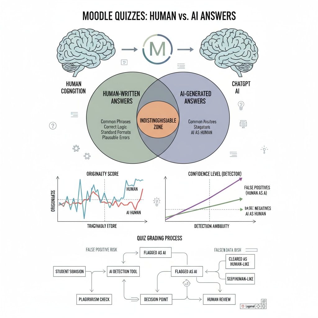 A graphical representation with lines and charts showing the difficulties in differentiating between human - written and ChatGPT - generated answers in the context of Moodle online quizzes. Graphical depiction of the challenge in detecting ChatGPT use in Moodle quizzes