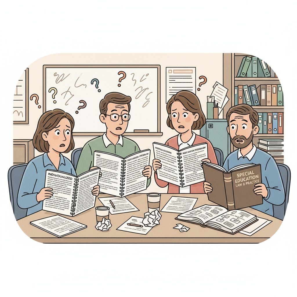 A group of special education teachers looking confused while reading IEP documents Special education teachers facing difficulties in understanding IEP documents