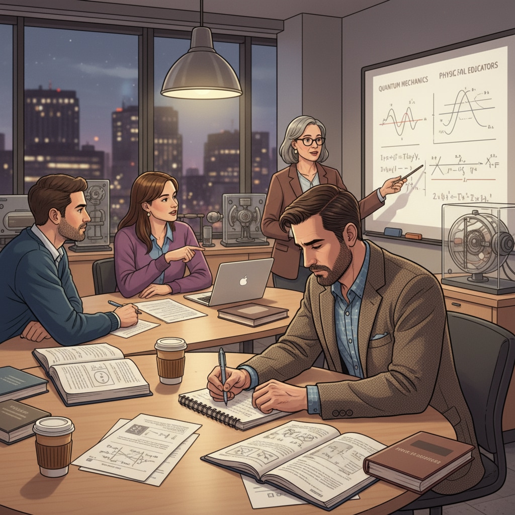 An in-service physics teacher is attending an evening postgraduate class, taking notes and interacting with fellow students. An in-service physics teacher participating in an evening postgraduate learning session