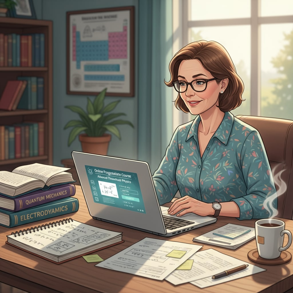 An in-service physics teacher is sitting at home, studying an online postgraduate course on a laptop, with books and notes beside. An in-service physics teacher engaged in online postgraduate learning at home