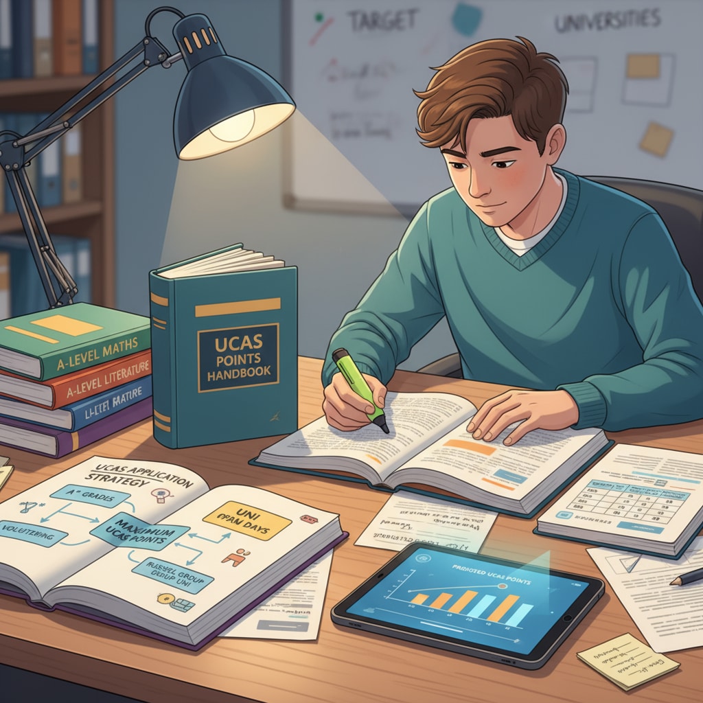 A student is deeply engrossed in studying books that are related to A-Level subjects and the concept of UCAS points, showing their dedication to understanding how to gain an edge in the application process. A student studying books for A-Level and UCAS points to enhance chances for foundation year