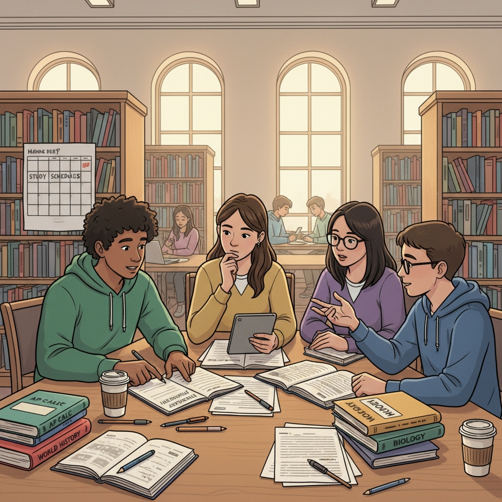 A group of high school students are gathered around a table in a library. Some are looking at their planners, while others are discussing their internship responsibilities and study schedules. There are books and papers scattered on the table, indicating their academic pursuits. High school students discussing internship and study schedules in a library to manage internship workload, study-time conflicts, and work-time adjustments
