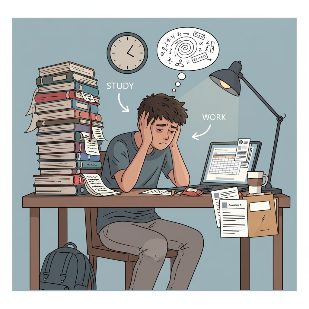 A young student is sitting at a desk, looking tired and frustrated. There are papers and books piled up on one side, representing schoolwork, and a laptop open with internship-related documents on the other. The student has a furrowed brow, clearly struggling to manage both internship work and study simultaneously. A stressed student trying to manage internship work and study at the same time to deal with internship workload, study-time conflicts, and work-time adjustments