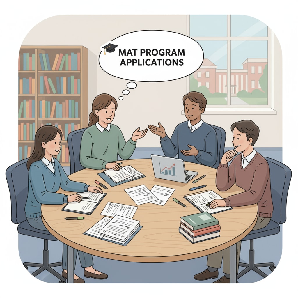 A group of teaching assistants are sitting around a table, discussing their MAT program applications, with papers and pens in front of them. Teaching assistants discussing MAT program applications