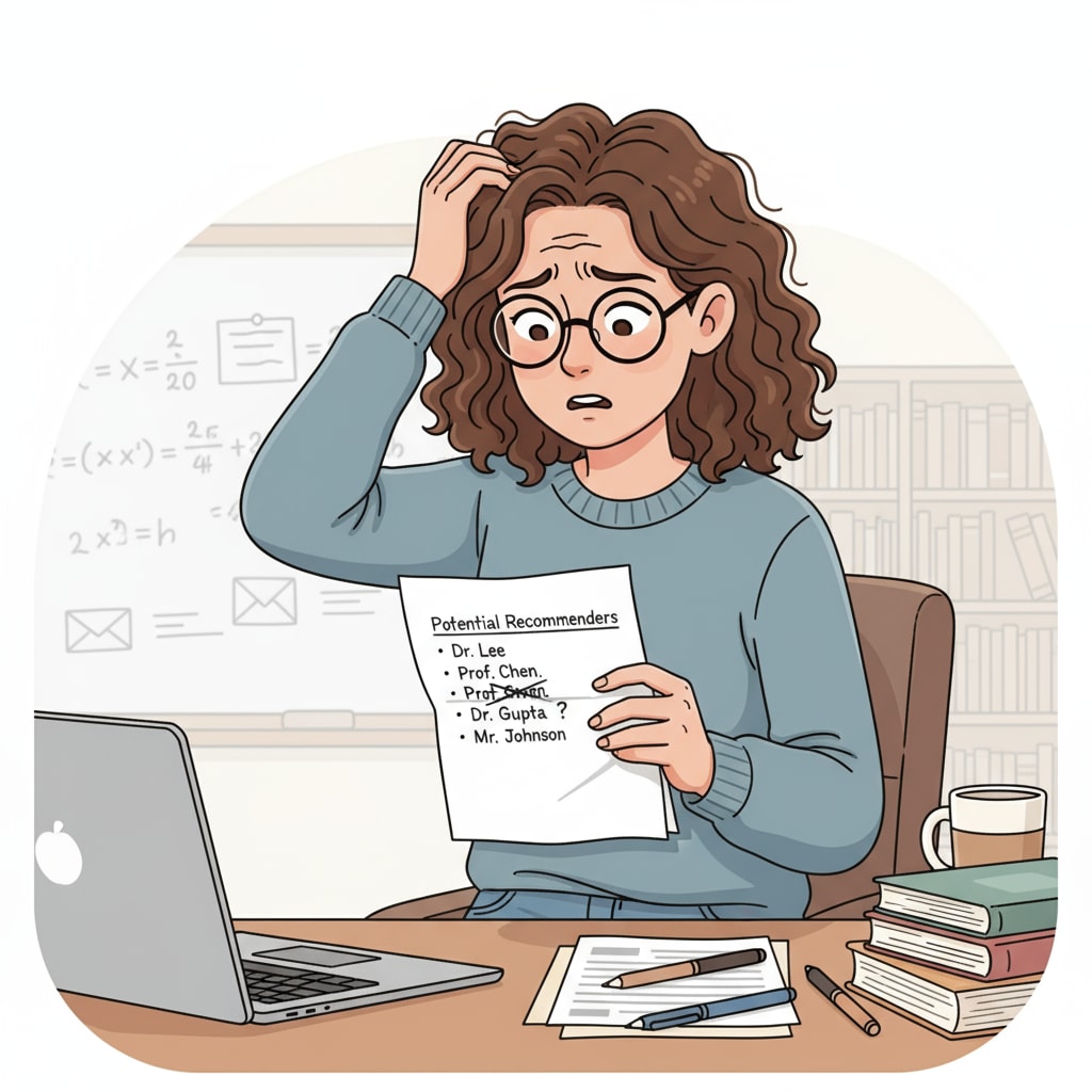 A teaching assistant is sitting at a desk, looking worried while looking at a list of potential recommenders on a piece of paper. Teaching assistant looking worried while choosing a recommender