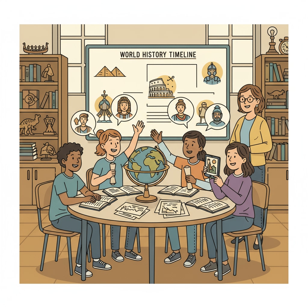 A group of students are engaged in a lively discussion about historical events in a classroom setting. Students discussing history in a classroom for teacher career planning and university application