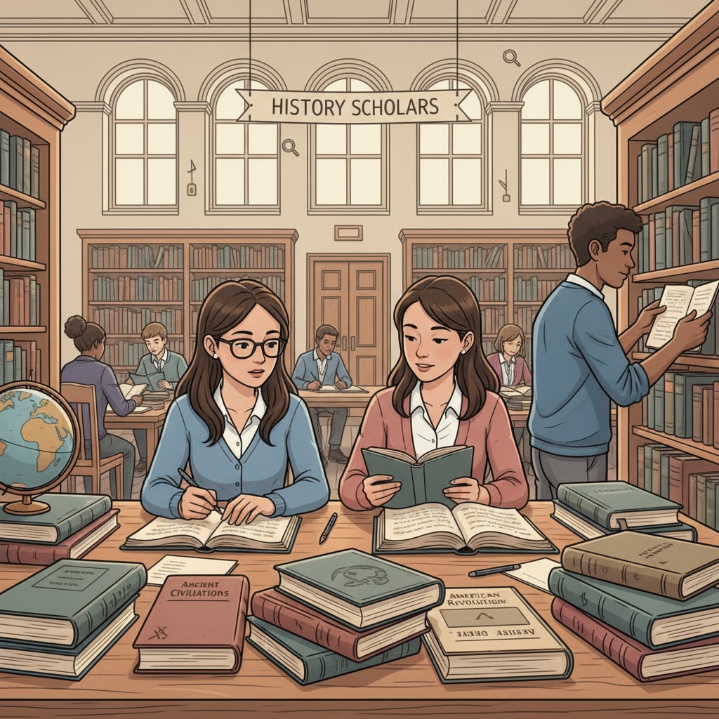 Students are browsing through a collection of history books in a library, which is an important part of their learning process for a history teaching career. Students browsing history books in a library related to history teacher career and university application