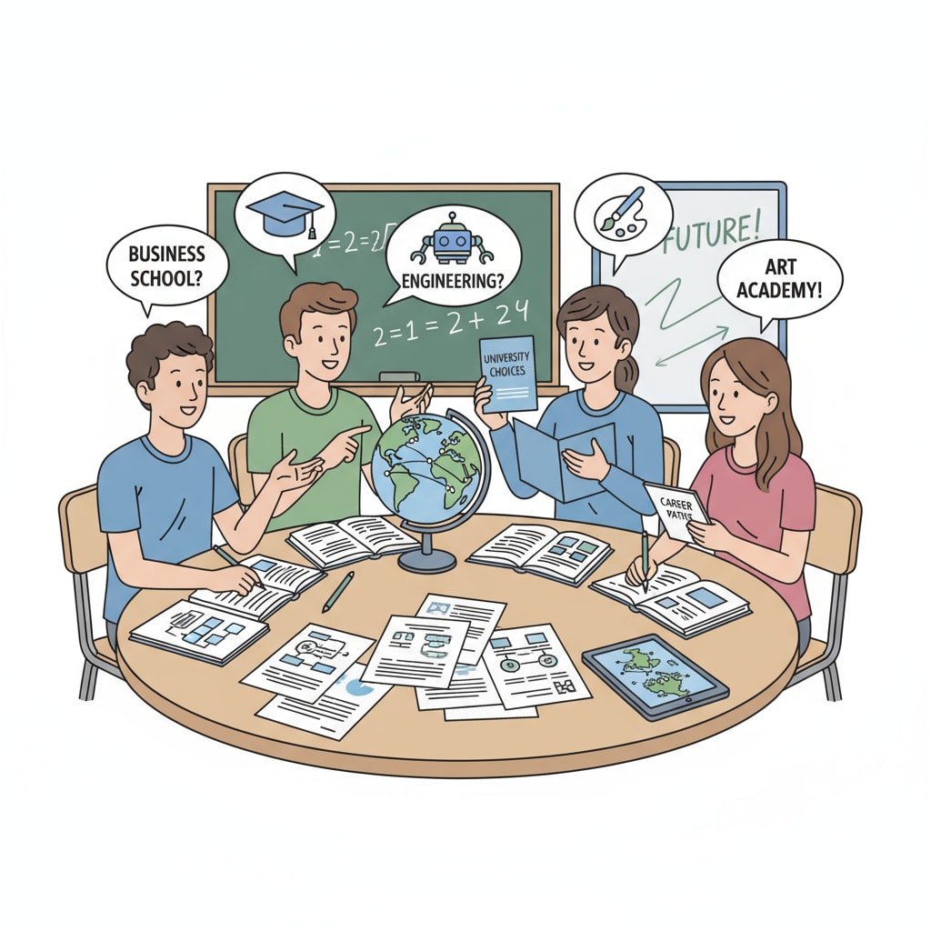 A group of high school students are sitting around a table, discussing their options for universities and future careers. They have books and papers spread out, and are engaged in a lively conversation. High school students discussing university and career options related to university education, academic planning, and career development