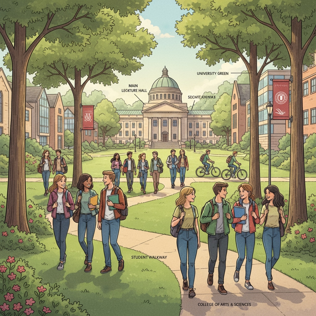 Students are walking across a beautiful campus towards a large lecture hall. There are trees and greenery around, and other students are chatting and laughing as they make their way to class. Campus scene with students walking towards a lecture hall in relation to university education, academic planning, and career development
