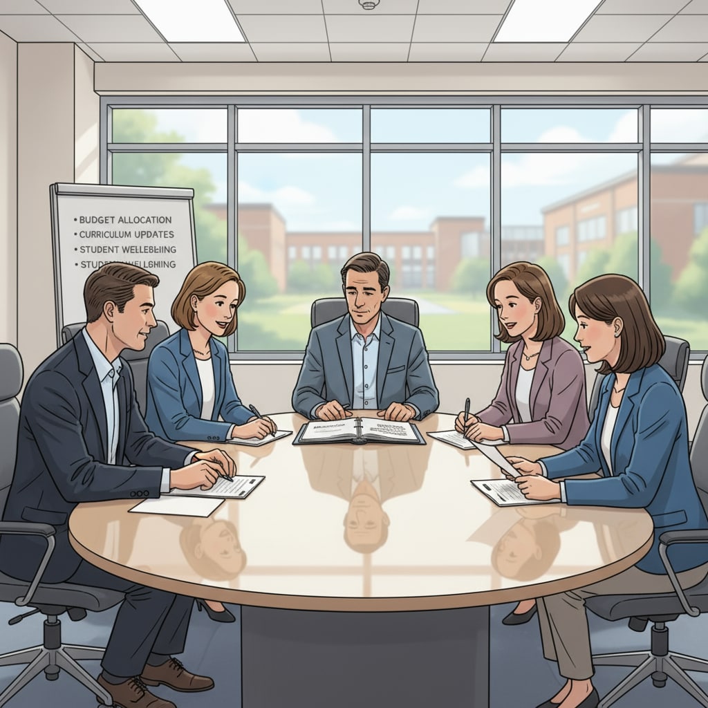 A group of K12 school administrators are sitting around a conference table, engaged in a serious discussion about important decisions regarding the school's policies, resources, and student management. K12 school administrators making leadership decisions in the face of ethical dilemmas in educational management