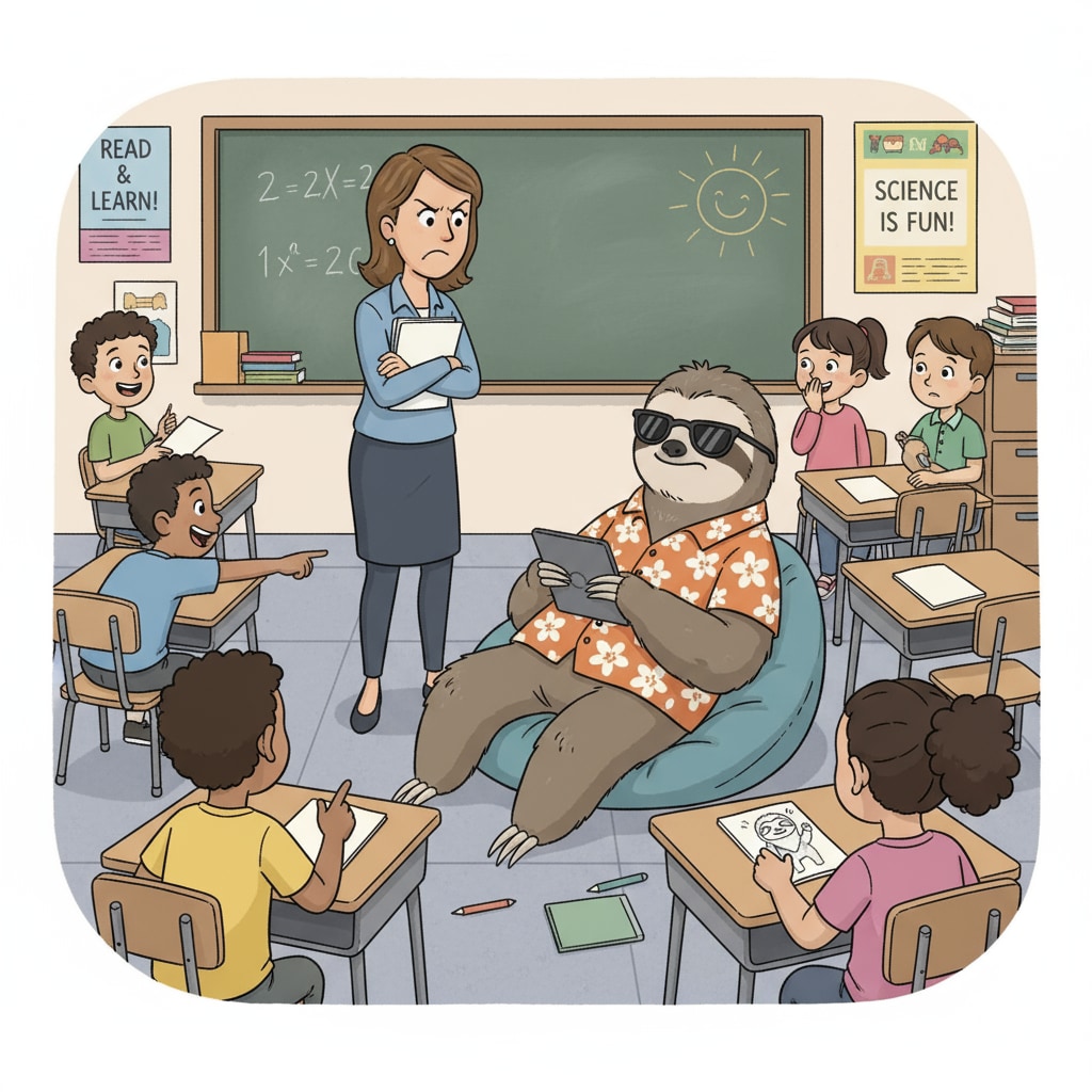 A classroom scene where a teacher is trying to manage a student who seems out of place. The teacher looks frustrated, and the other students are distracted. Classroom management issue due to misplacement of student in education system