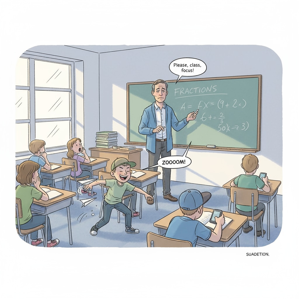 A picture of a tired teacher standing in front of a class. There is one student causing disruptions, and the rest of the class looks a bit disinterested. Impact on teaching quality because of wrongly placed student in education system