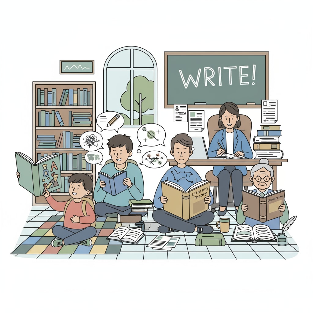 A group of people reading books, representing different educational levels in a writing context A visual representation of different educational levels in the context of novel writing and character creation