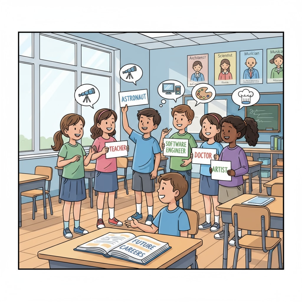 A group of K12 students are gathered in a classroom, having an animated discussion about their future career ideas, with some holding papers with job titles written on them. K12 students discussing dream careers as part of career planning to address employment worries