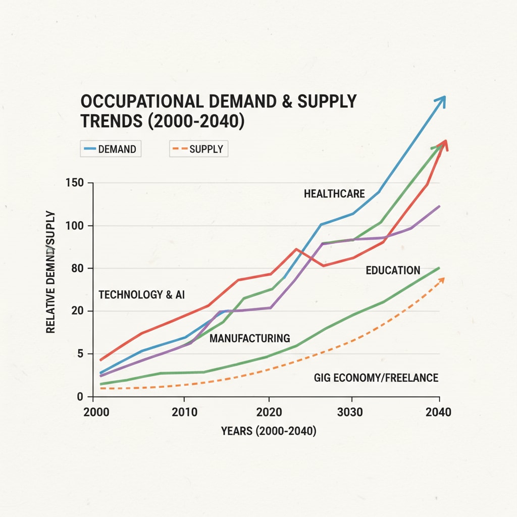 A line graph displays the changing demand and supply trends of various occupations over a period of years, with different colored lines representing different job sectors. Graph showing the relationship between demand and supply of occupations relevant to K12 students' career planning considering dream careers and employment realities