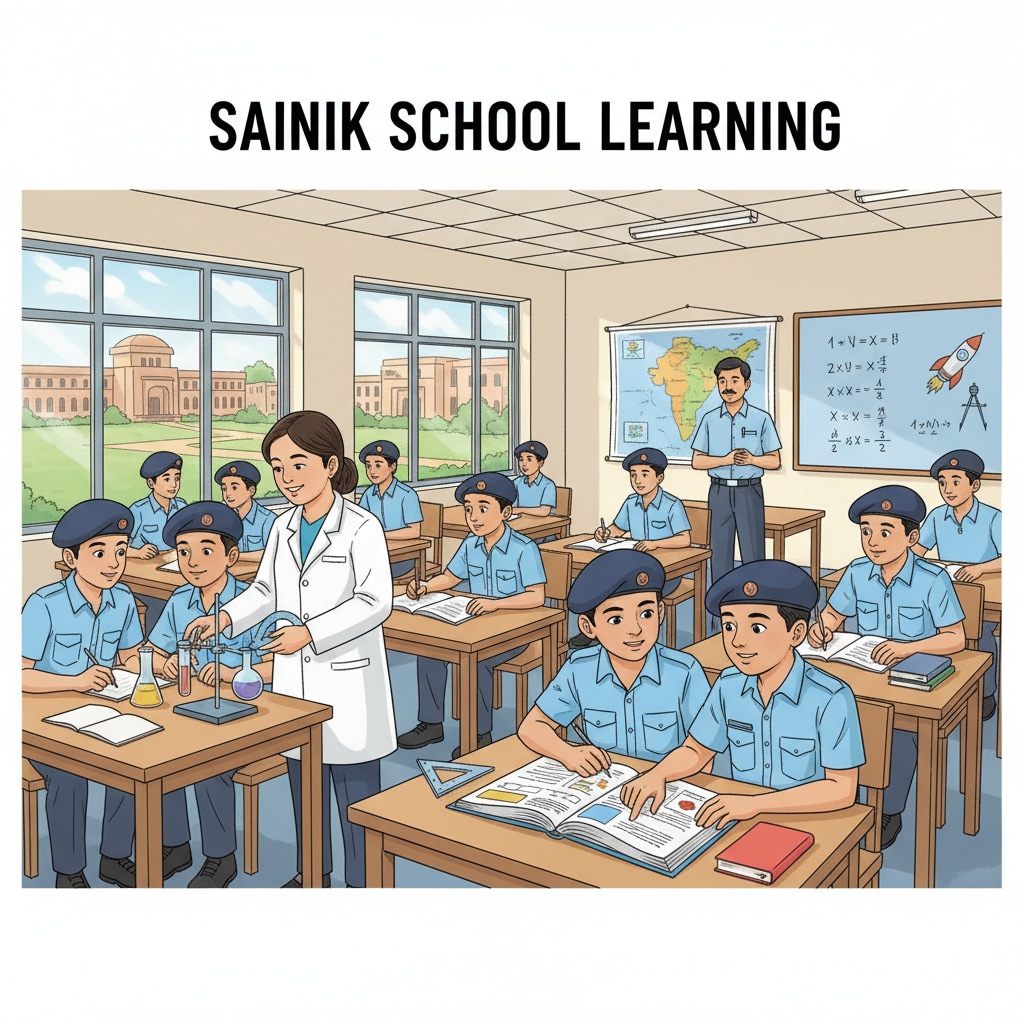 Sainik School students in a classroom, engaged in learning activities Students in Sainik School classroom during AISSEE preparation