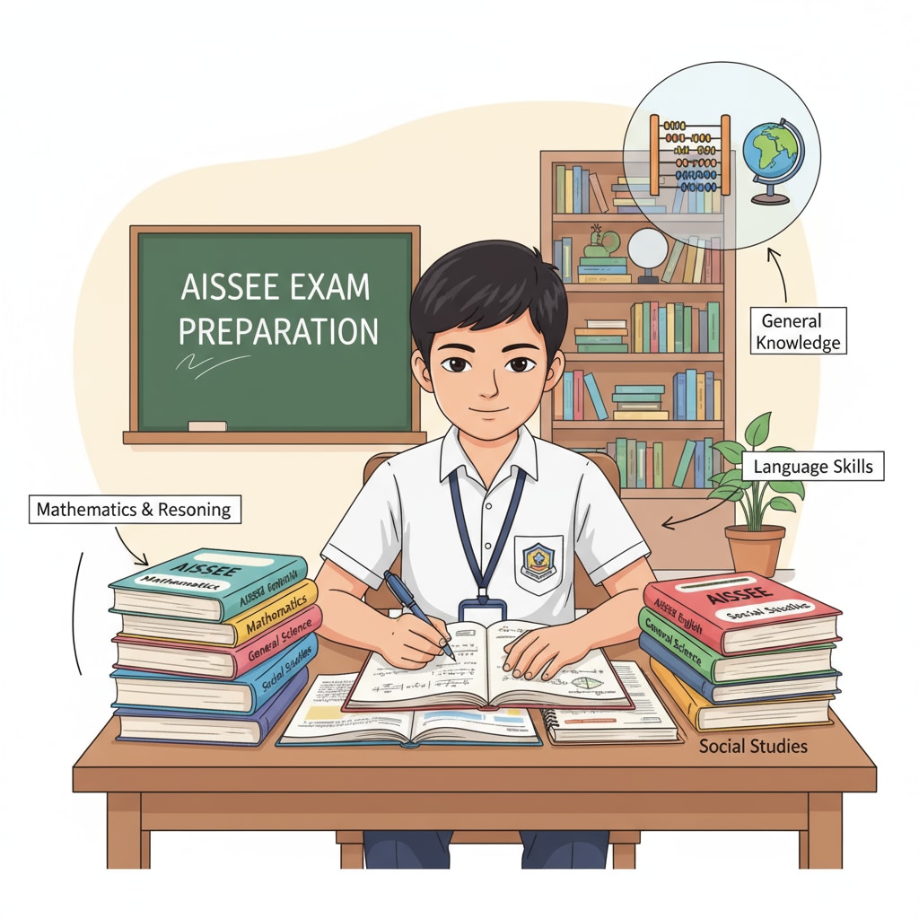 A student studying textbooks related to AISSEE exam subjects Student studying for AISSEE exam with relevant textbooks