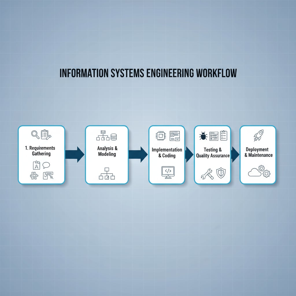 This illustration shows the step-by-step process of an Information Systems Engineering workflow, from requirements gathering to system deployment. Information Systems Engineering workflow illustration for IT specialty choice