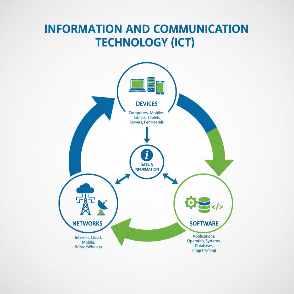 A diagram highlighting the main components of Information and Communication Technology, including networks, devices, and software. Diagram of Information and Communication Technology components for IT specialty exploration