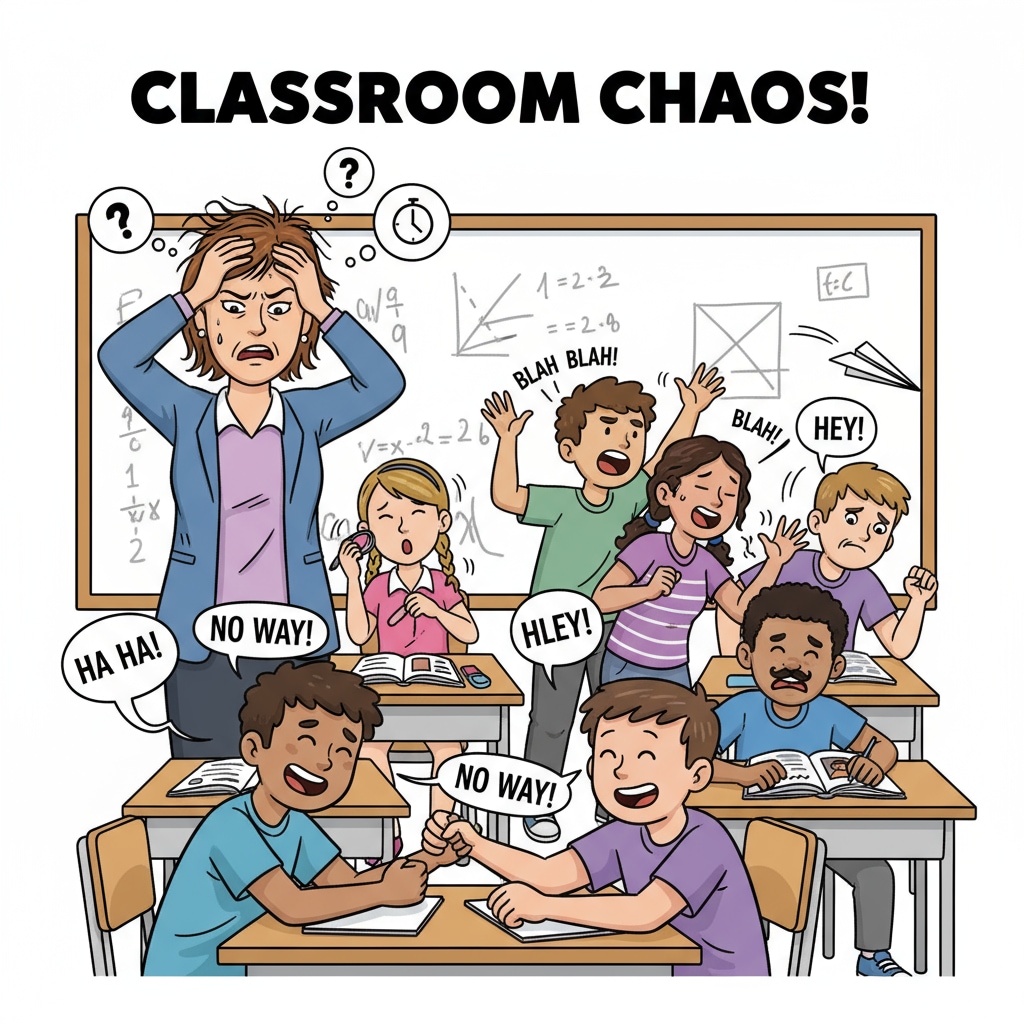 A teacher is seen looking stressed as several students in the classroom are misbehaving, talking loudly, and not paying attention. A stressed teacher dealing with student behavior issues and lacking support, leading to professional frustration