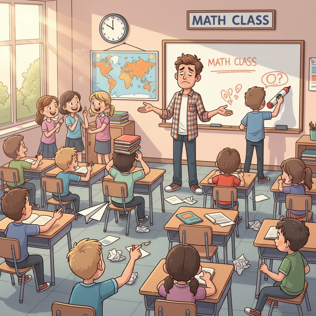 A group of students are engaged in disruptive behavior in the classroom. The teacher is standing at the front, looking helpless with a furrowed brow. Students misbehaving in class, highlighting the teacher's lack of support and resulting professional frustration