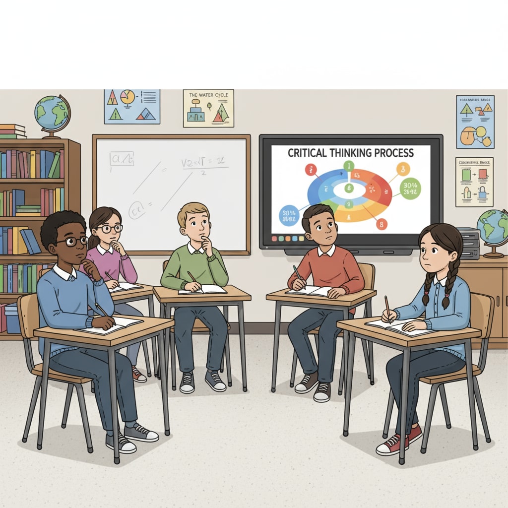 A group of K12 students sitting in a classroom, looking thoughtful. K12 students experiencing intellectual self-doubt in a classroom setting