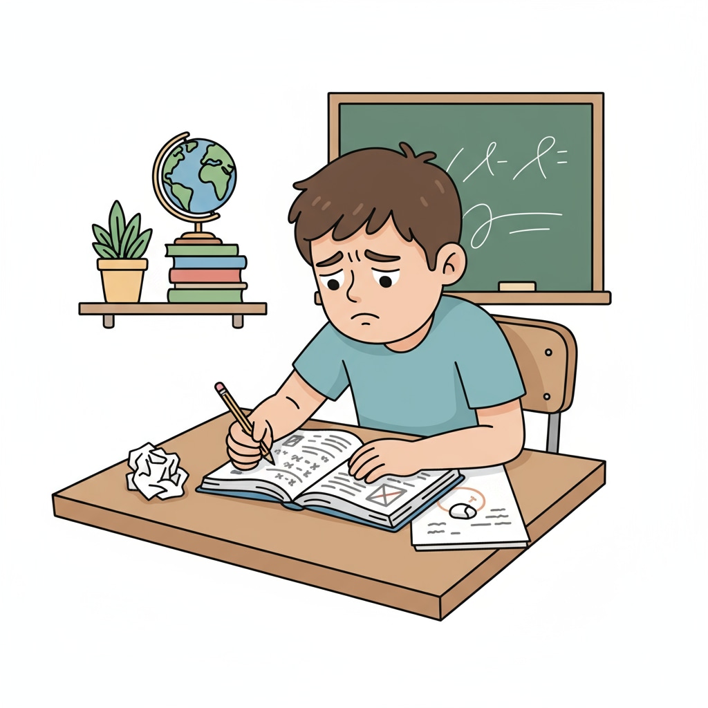 A student sitting at a desk, looking discouraged. A K12 student showing signs of intellectual self-doubt