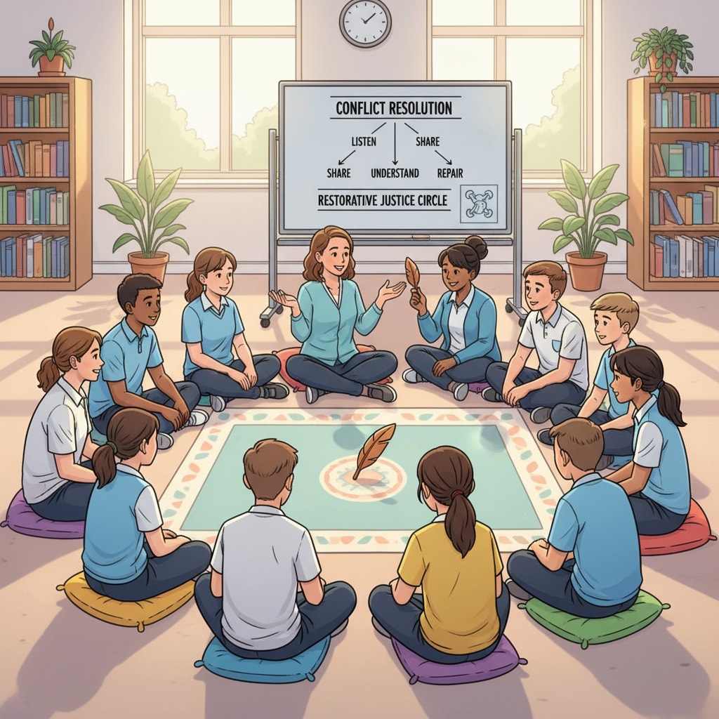 A group of students and teachers sitting in a circle, engaged in a discussion about conflict resolution, representing the practice of restorative justice in a school setting Students and teachers practicing restorative justice in a school environment