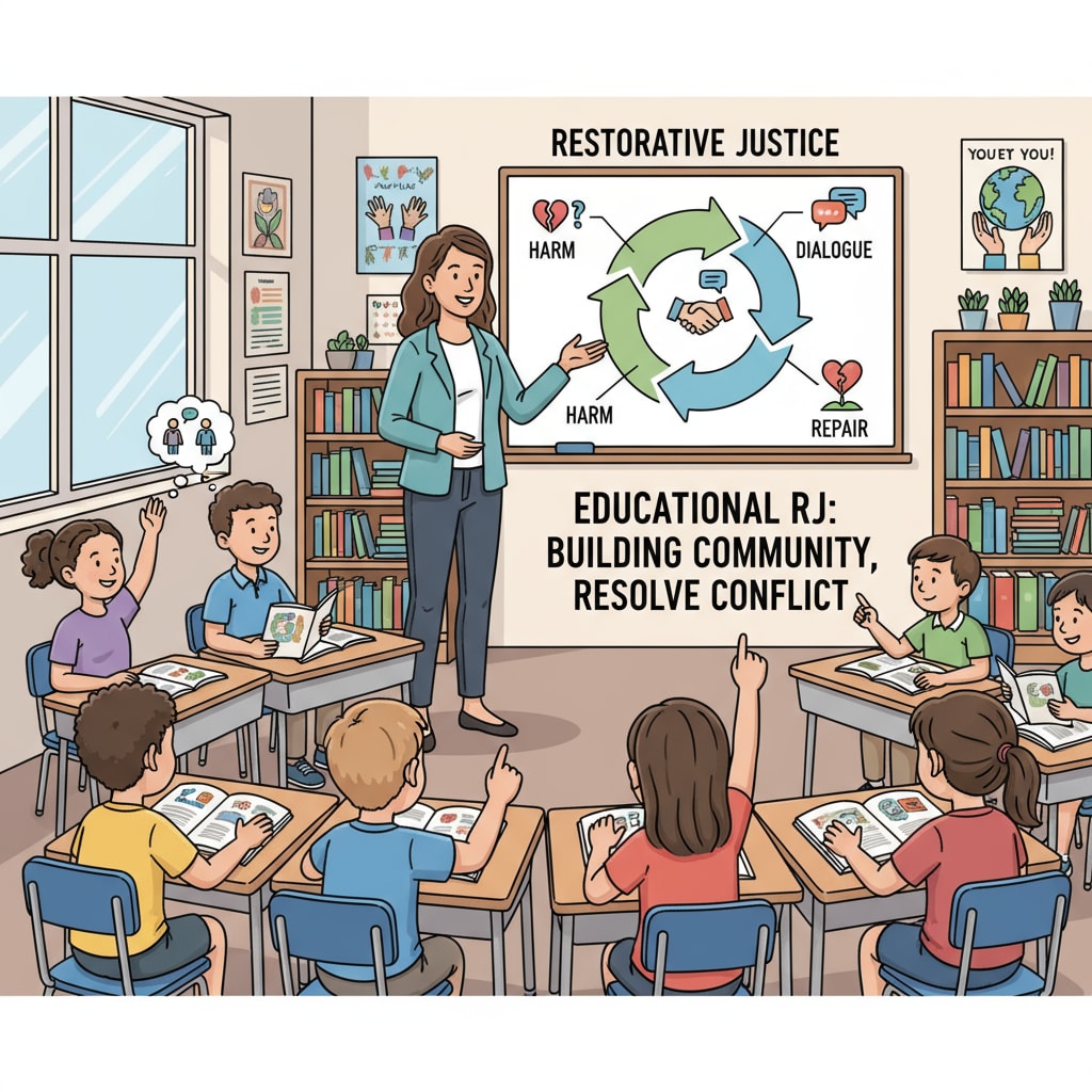 A teacher explaining restorative justice concepts to a group of students in a classroom, highlighting the educational aspect of RJ Teacher educating students about restorative justice in a classroom