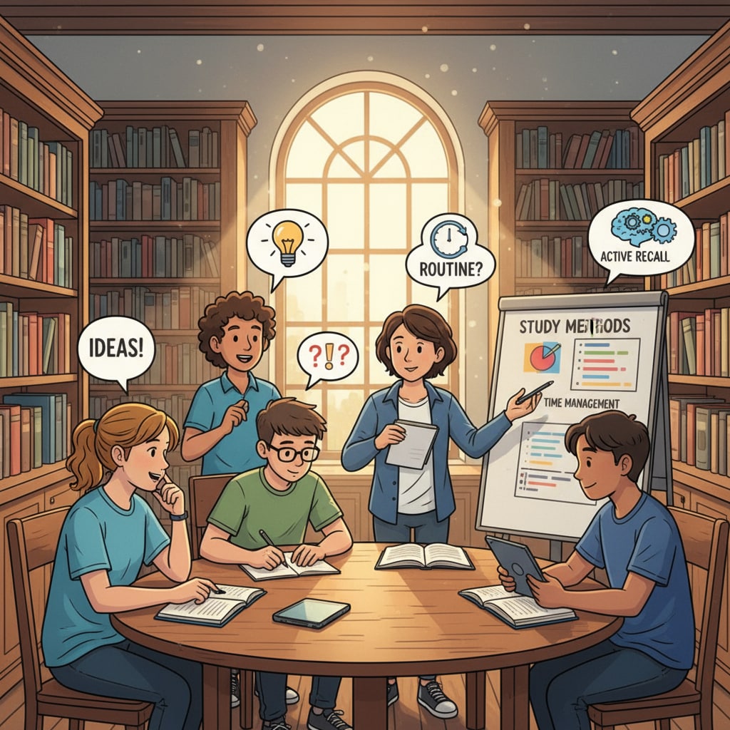 A group of high school students are having a lively discussion about study methods in a well-lit library. Some are taking notes, while others are sharing their ideas passionately. High school students discussing study methods in a library to enhance academic skills