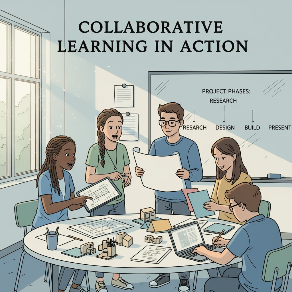 High school students are actively collaborating on a group project. They are working together, sharing ideas, and dividing tasks to complete the project successfully. High school students collaborating on a group project to develop academic skills