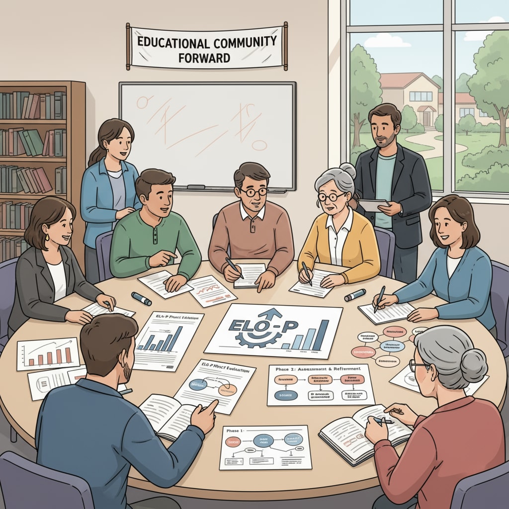 Educational community members are engaged in a discussion about the ELO-P project, with papers and charts on the table, showing their serious attitude towards evaluating and improving the project. Educational community discussing ELO-P project in California education with education funds