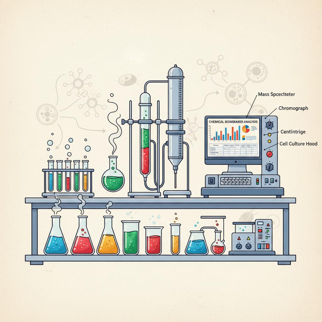 A laboratory is equipped with multiple test tubes, beakers filled with colorful chemicals, and advanced laboratory equipment. A computer screen nearby displays data related to chemical analysis, which is crucial for health research and diagnosis. Chemistry laboratory setup for health - related chemical analysis in online learning context