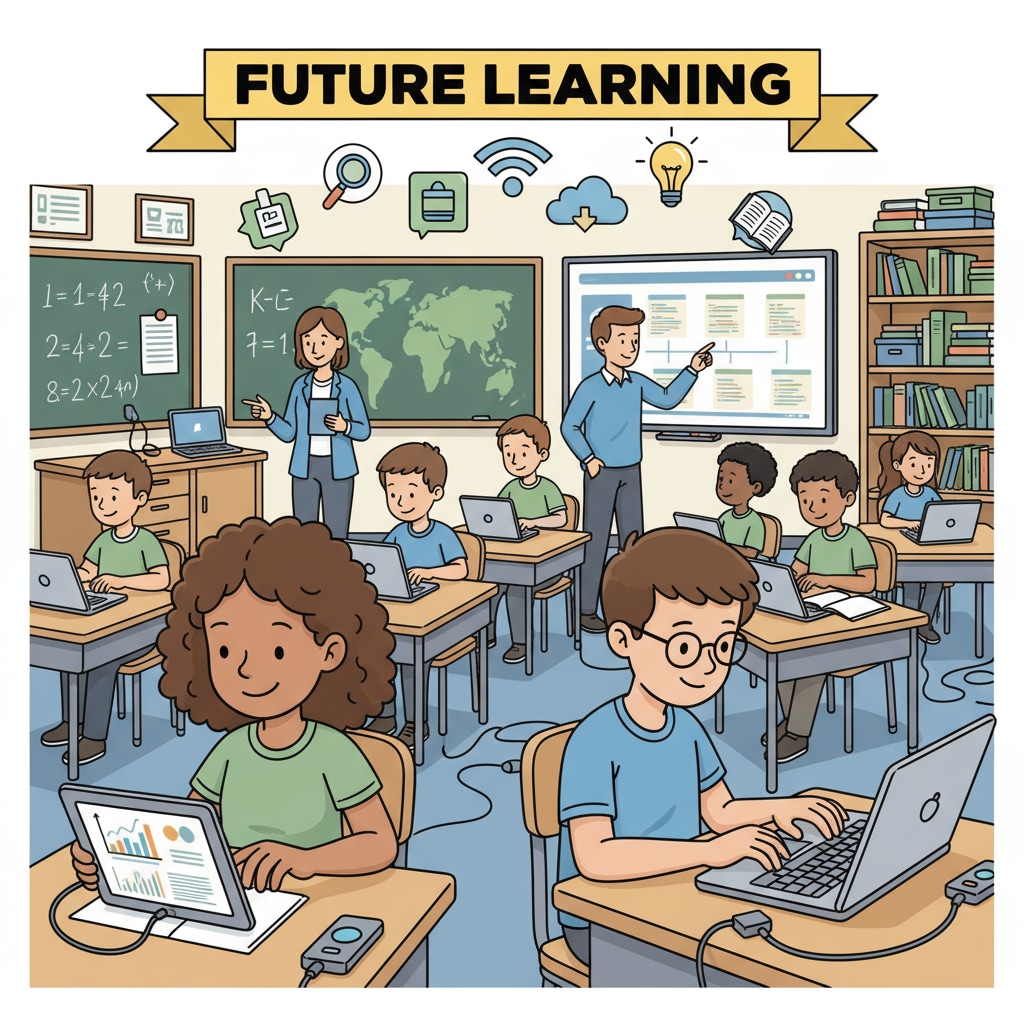 A classroom scene shows students actively using tablets and laptops, representing the integration of educational technology in the learning process. Classroom with students using educational technology tools related to teaching methods and postgraduate programs