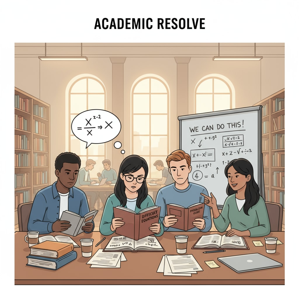 A group of students studying together in a library, showing determination to overcome academic difficulties Students showing determination to overcome academic setbacks through studying together