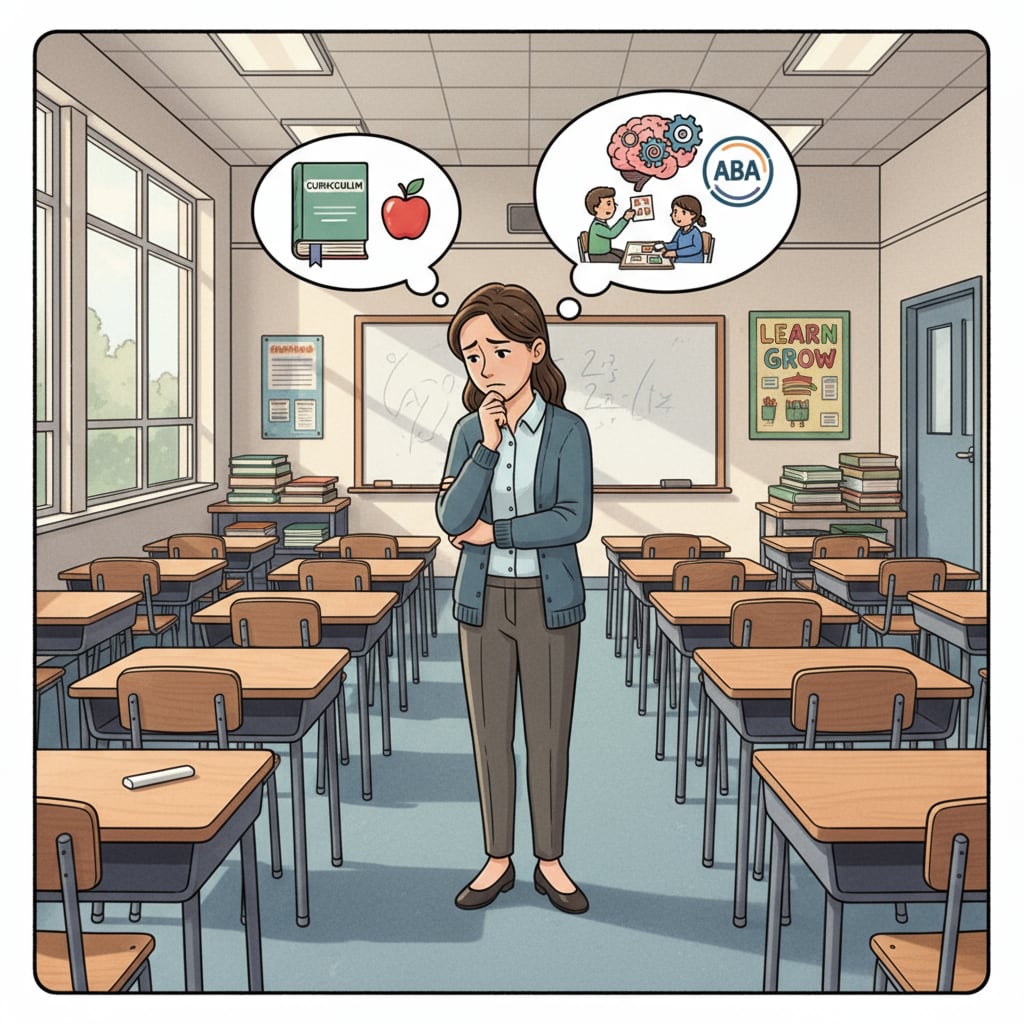 A teacher is shown deep in thought, standing in front of a classroom full of empty desks, contemplating a career shift to ABA therapy. A teacher considering a career transition to ABA therapy for professional development