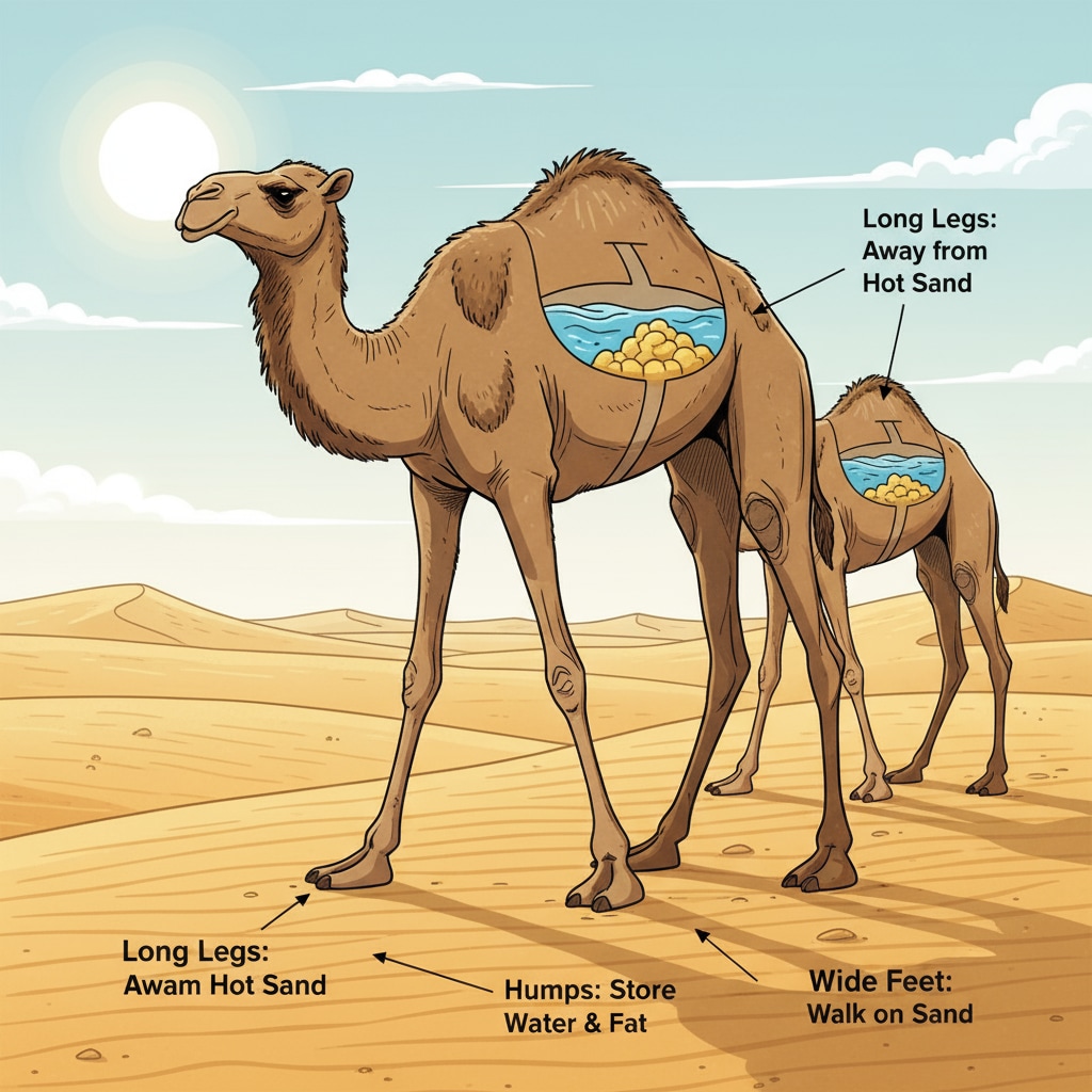 A group of camels walking in the desert, showing their ability to adapt to arid conditions. The camels have long legs to keep their bodies away from the hot sand and can store water and fat in their humps. Camels demonstrating their desert survival adaptation mechanisms.