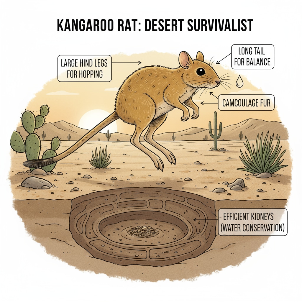 A kangaroo rat in its desert habitat, highlighting its unique features for survival. The kangaroo rat has large hind legs for hopping, which helps it cover more ground while conserving energy, and its fur color blends with the desert environment. Kangaroo rat showing its evolutionary adaptation and survival mechanisms in the desert.